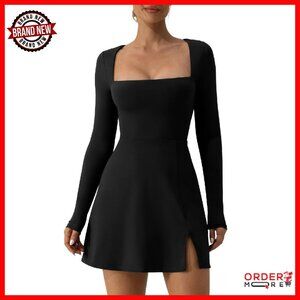 Long Sleeve Square Neck Bodycon Mini Dress Side Slit Flare